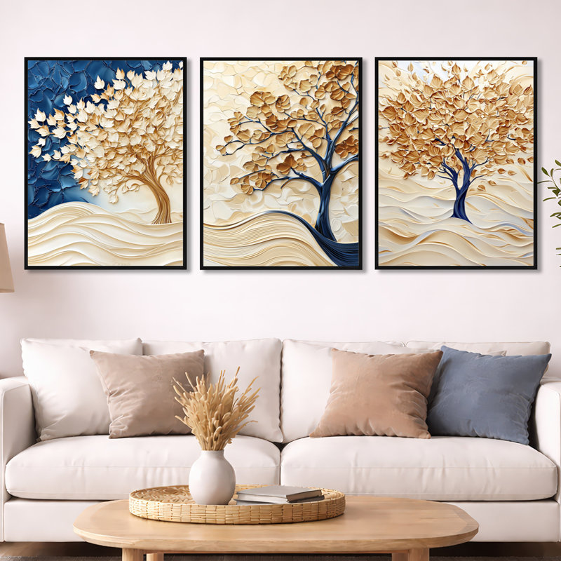 «Gold Winter Maple Tree Essence», art mural encadré 3 pièces, H 32 po x l 72 po, Cadre flottant noir