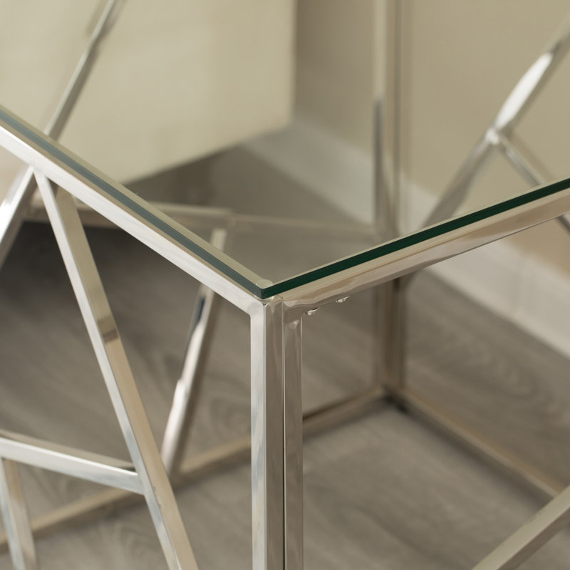 Table d'appoint moderne carrée avec plateau en verre trempé et plateau en métal doré, Argent