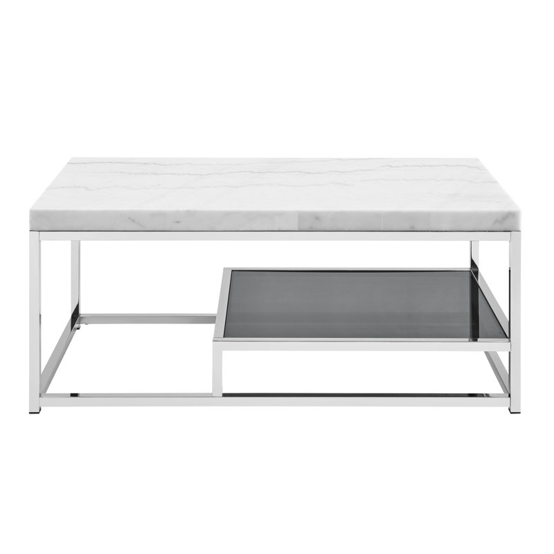 Rectangular Silver Marble and Glass Coffee Table with Storage