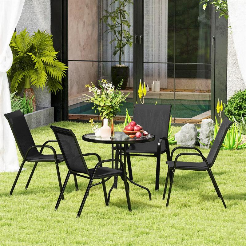 Five-Piece Steel Patio Set, with Glass-Top Table, Black