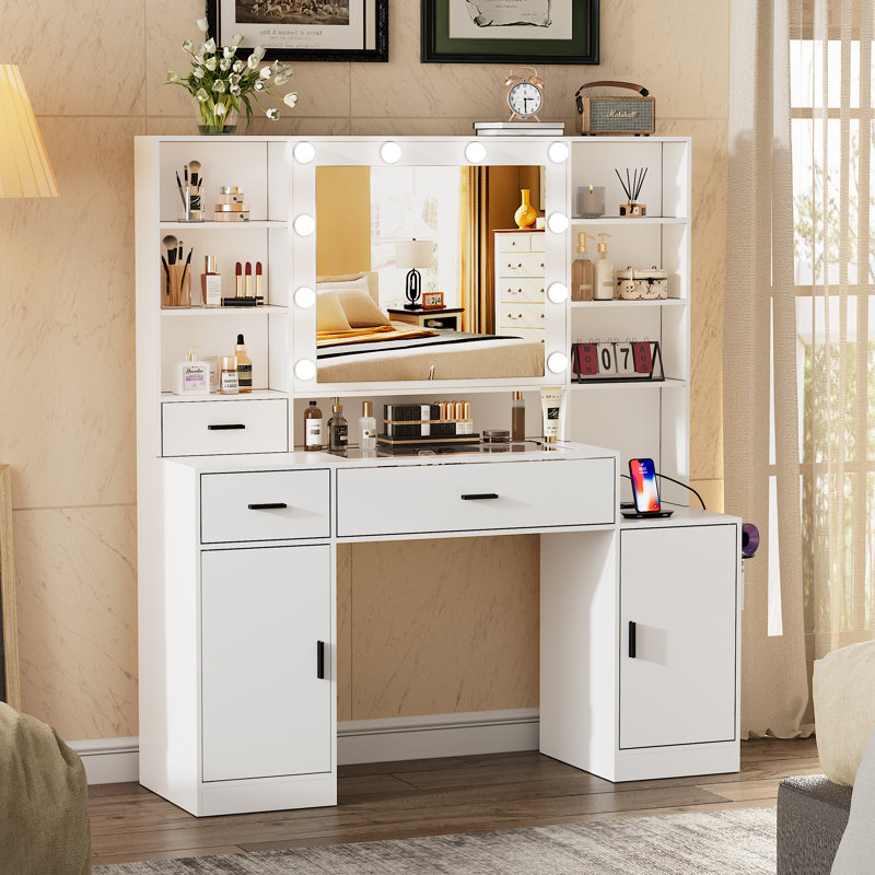 Ensemble coiffeuse avec miroir lumineux, coiffeuse de maquillage moderne Johnetta