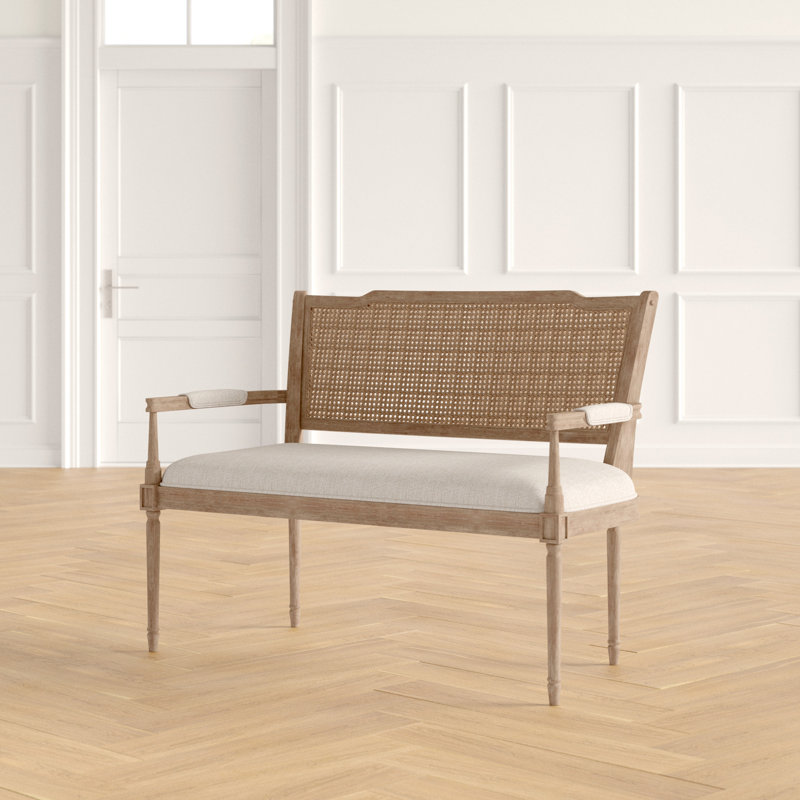 Beige Faux Leather Chesterfield Settee with Rattan Backrest
