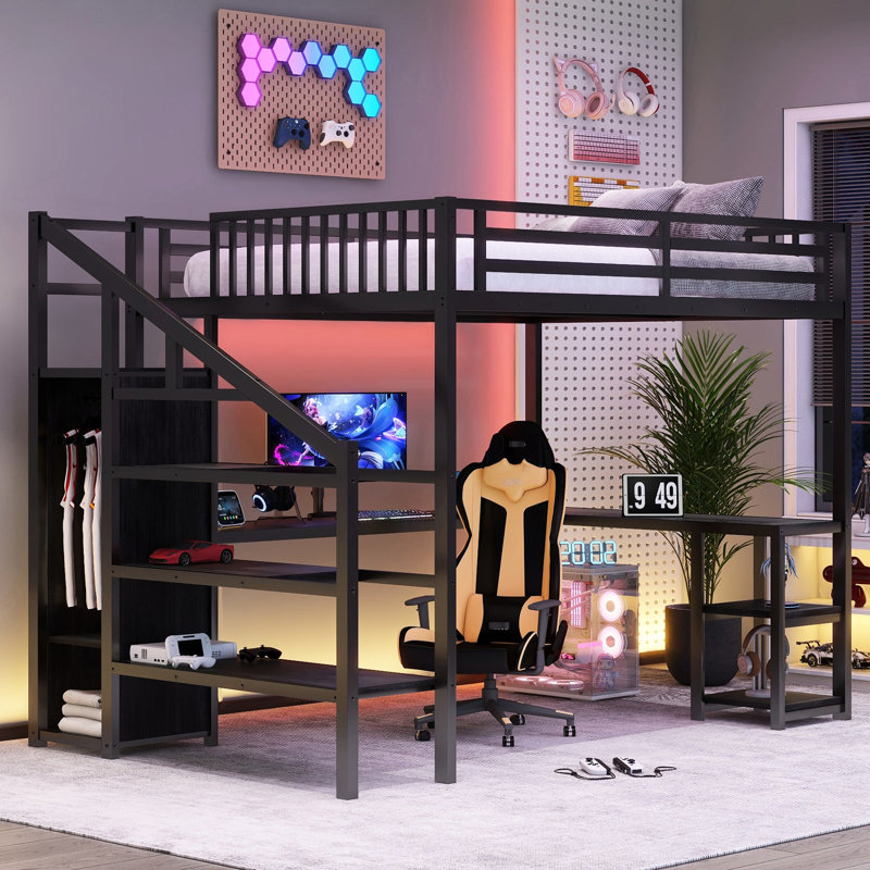 Grand lit mezzanine en métal noir avec bureau en forme de L, garde-robe moderne et pratique à 16 lumières à DEL statiques, télécommandé pour le décor de la chambre à coucher