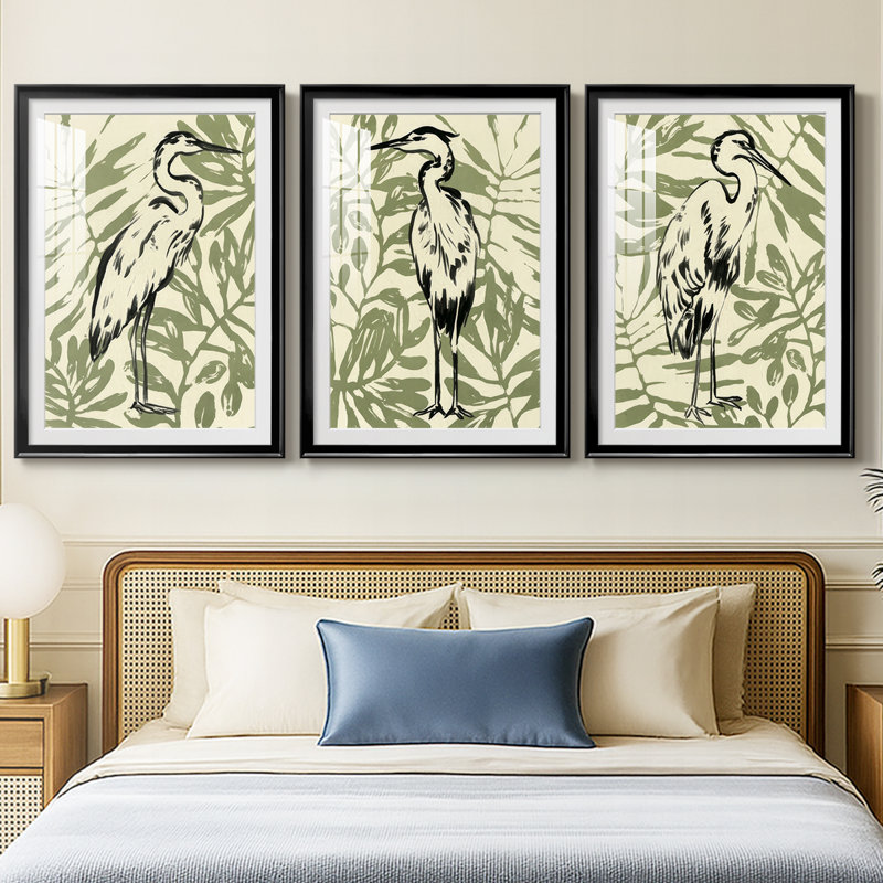 Retro Parlor Heron I - reproduction sur mesure encadrée de qualité supérieure - 3 pièces, Noir, H 21 po x l 30 po