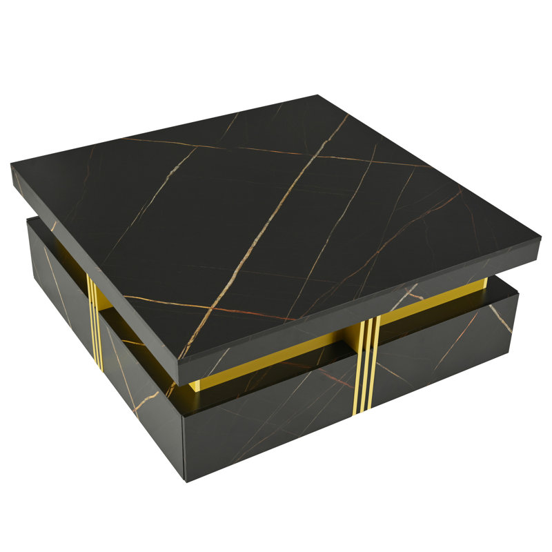 Table basse moderne carrée avec rangement à 4 tiroirs (table basse incluse, sans chaises), Noir