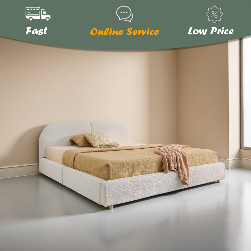 Base de lit tapissier grand format de style moderne et minimaliste - tissu à fils circulaires, tête de lit haute incurvée, support de pieds robuste et rangement à roulettes, matelas non inclus