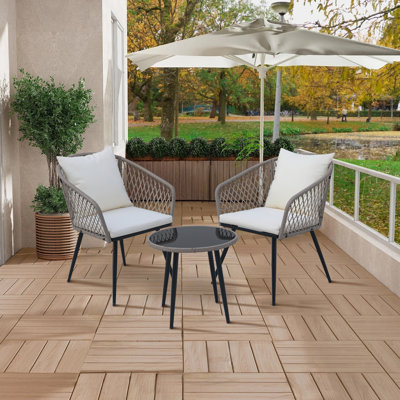 Ensemble bistro 3 pièces pour terrasse - Chaises de conversation modernes en osier avec table et coussins en verre