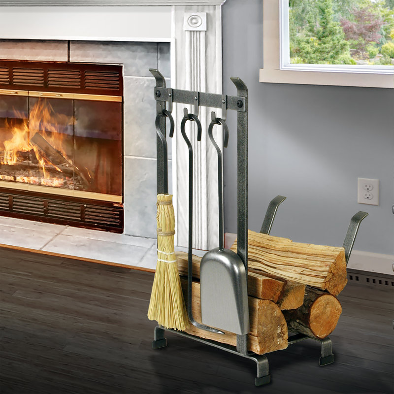 Handcrafted Fireplace Log Rack with Tools