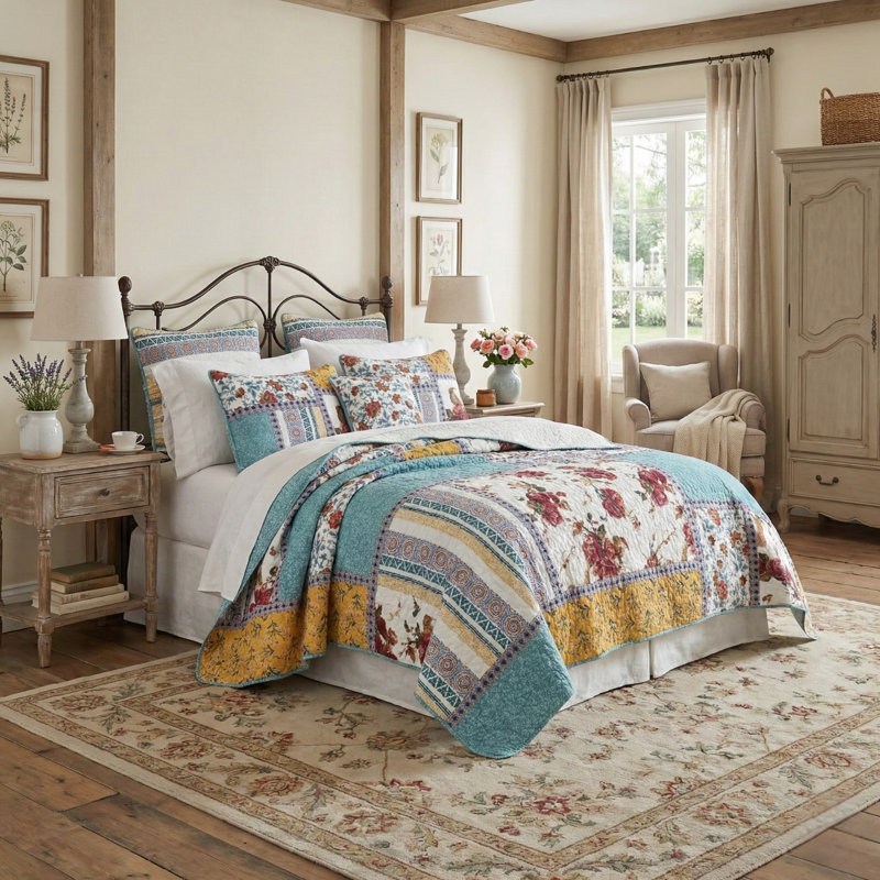  Ensemble de courtepointe réversible standard en coton 3 pièces, Courtepointe très grand + 2 taies décoratives