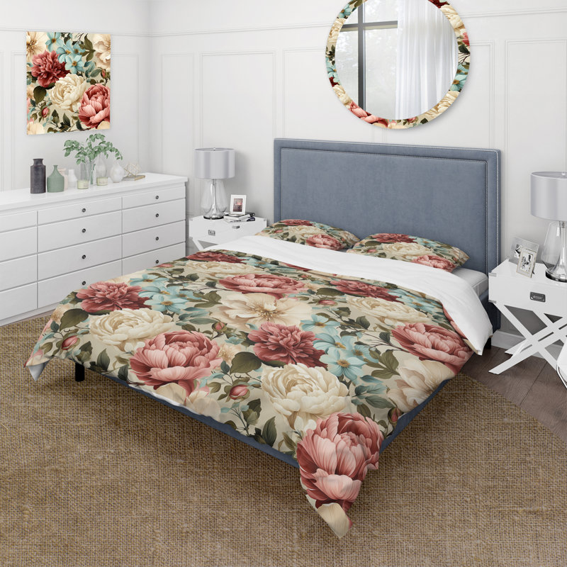 Ensemble de housse de couette Antique Rose Mute Green Garden III, Housse de couette pour très grand lit et 2 très