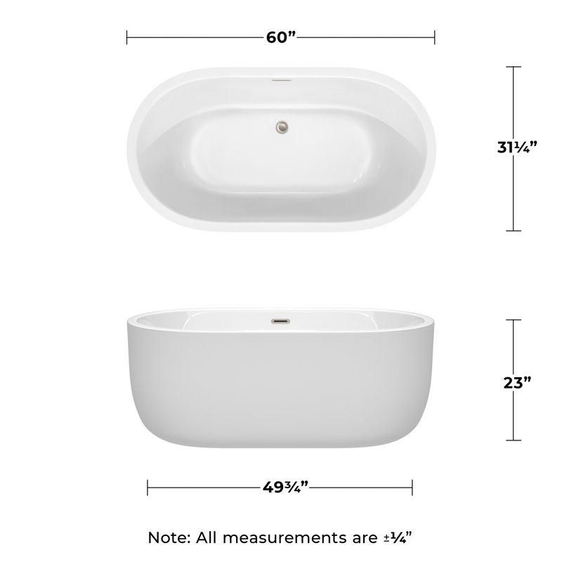 Juliette 60" x 30" Freestanding Soaking Acrylic Bathtub, Brushed Nickel, Brushed Nickel