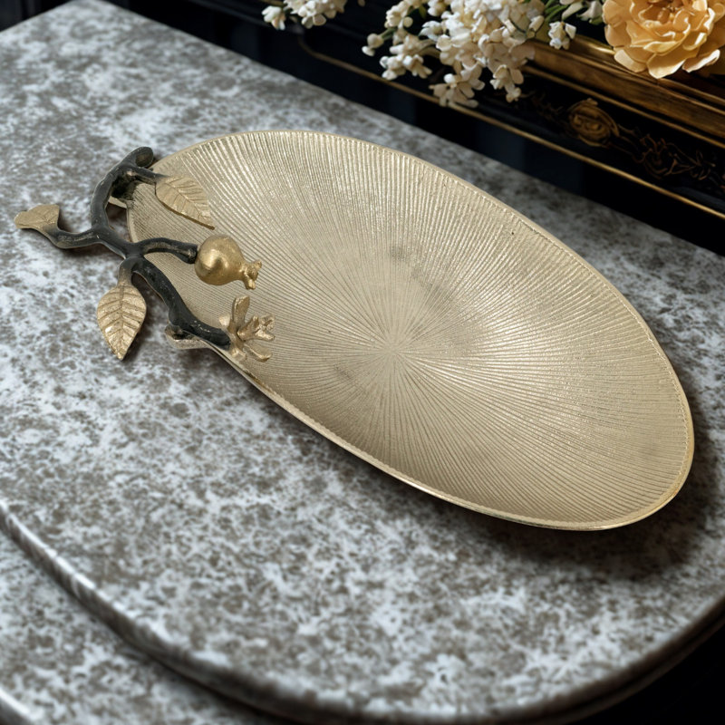 17X10.5X3" Decorative Oval Tray With Gold Branch Design