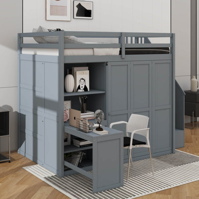 Lit mezzanine double avec armoire intégrée, bureau et système d'étagères
