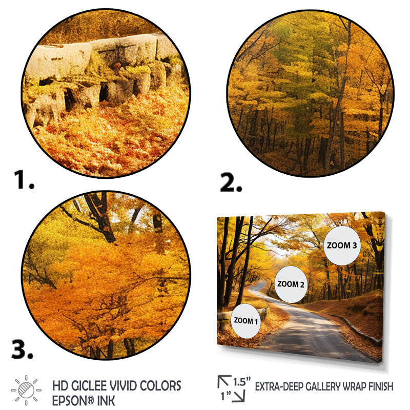 «Golden Autumn Road Into The Forest III» - art mural route, H 12 po x l 20 po x P 1 po, Cadre flottant doré