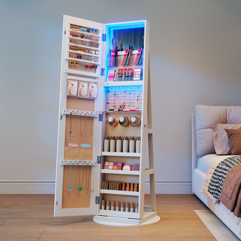 Armoire à bijoux autoportante avec lumières à intensité variable RVB, armoire à bijoux verrouillable avec base pivotante à 360 °