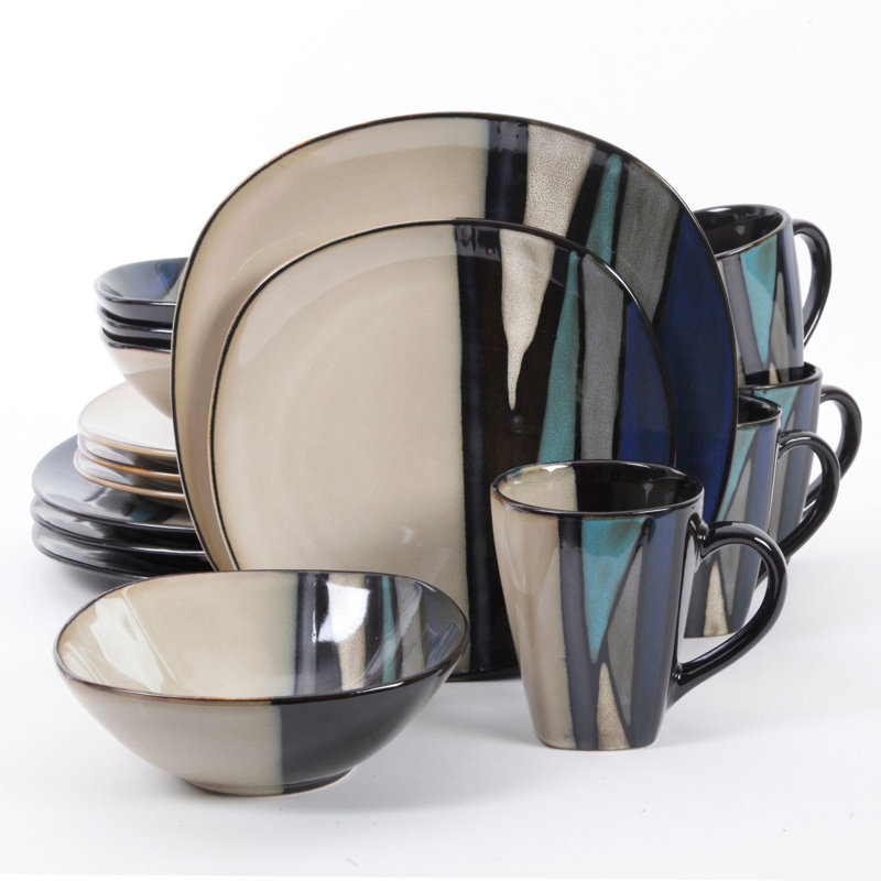 Gibson Elite 16 Piece Glazed Dinnerware Plates, Bowls, And Mugs, Teal (2 Pack)
