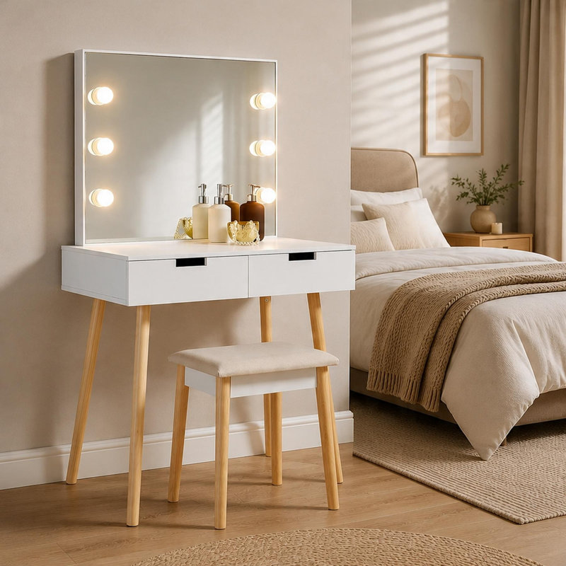 Holly 2 Drawer Dressing Table Vanity Set with Lightbulb Mirror and Stool