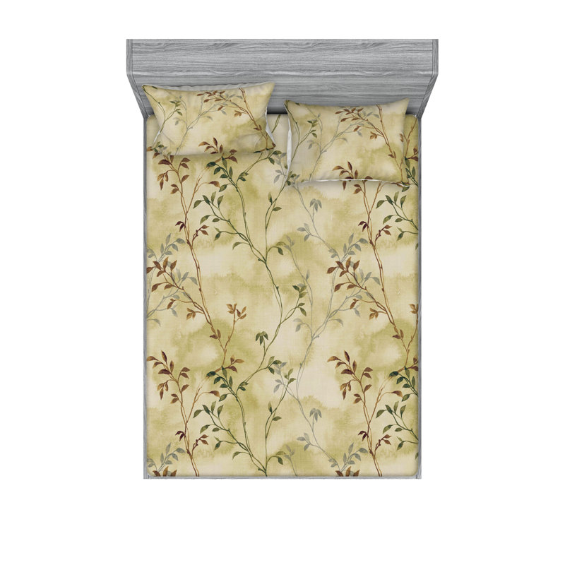 Drap-housse et taies décoratives 3 pièces Ambesonne, Brun kaki pâle / motif floral vert