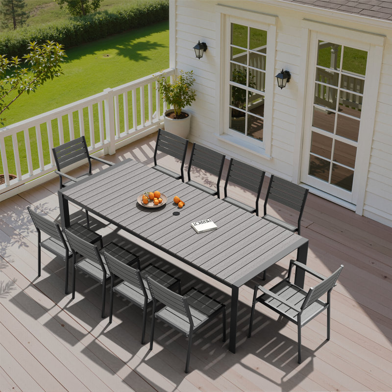 11 - Person Aluminum Patio Dining Set With Stackable Armchairs And Armless Chairs, Dark Gray