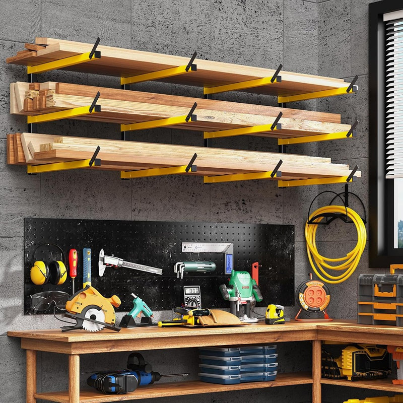 4 supports muraux en métal à 3 niveaux pour 4 paires - Organisateur en bois robuste pour le garage, l'atelier ou le rangement intérieur / extérieur, jaune