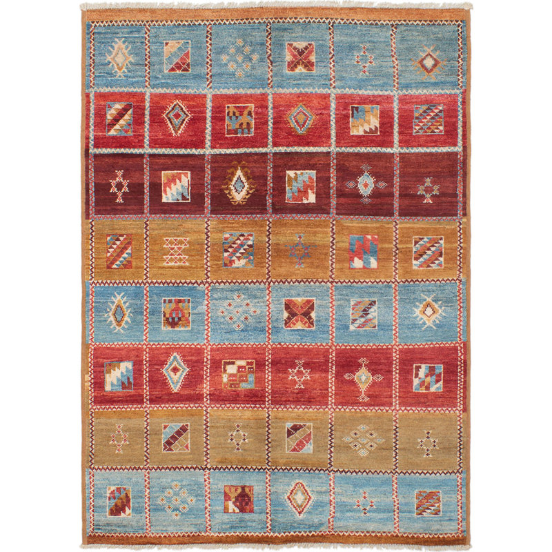 Tapis unique rouge / brun / bleu en laine noué à la main de style années 2010 de 6 pi 4 po x 8 pi 8 po Nemisco