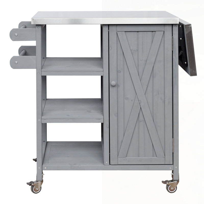 Foldable Outdoor Kitchen Island With Lockable Wheels, Storage Cabinet, And Towel Rack For Patio And Outdoor Use, Gray