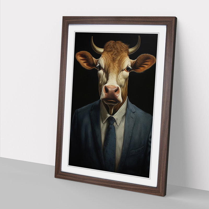 Cow In A Suit No.3 - Single Picture Frame Print on Wood, Walnut , 64cm H x 46cm W x 2cm D
