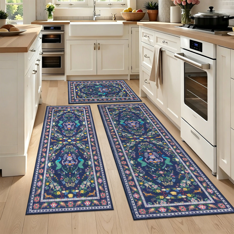 Machine Washable Non-Slip Kitchen Mat, Blue/Green