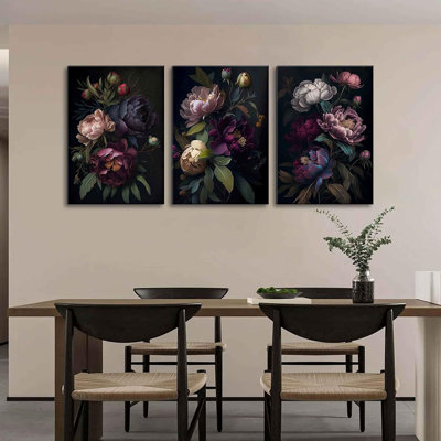 3 Pcs Moody Floral Canvas Wall Art Vintage Dark Peony Flowers Botanical Still Life Painting Picture Wall Decor Poster Print Artwork For Living Room Bedroom Room Decoration