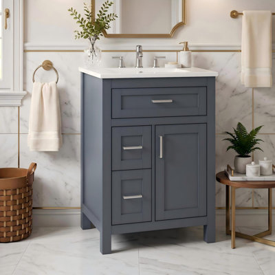 Meuble-lavabo 24 po avec lavabo en céramique, tiroir rabattable et 2 tiroirs
