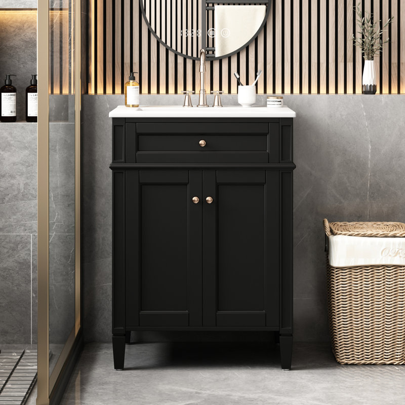 Meuble-lavabo de 61 cm avec lavabo, 2 portes et tiroir basculant. Pratique au quotidien, fermeture silencieuse, espace de rangement ajustable, tiroir basculant, lavabo au design moderne, lavabo en céramique brillante, solide.
