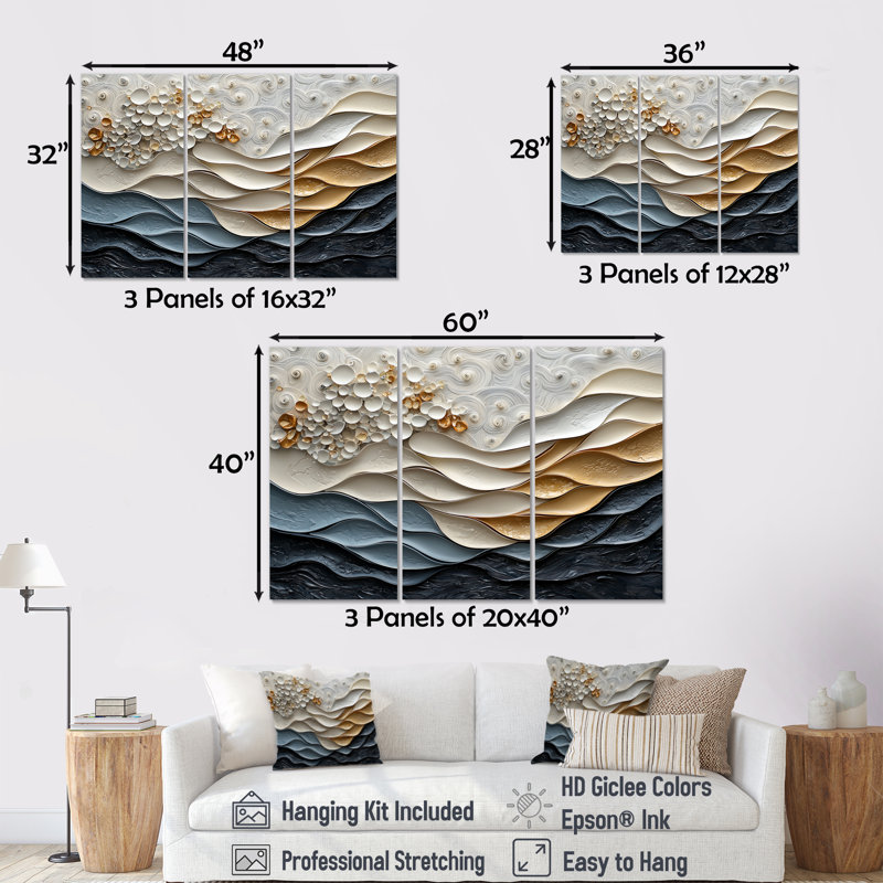 Ensemble de salon art mural gris vagues bleues et blanches - vagues côtières, Toile tendue, H 40 po x l 60 po x P 1 po