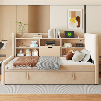 Twin Size Upholstered Daybed With Trundle, Storage Shelves, USB & Outlet