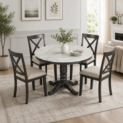 5-Piece Faux Marble Dining Table Set with 4 Solid Wood Chairs