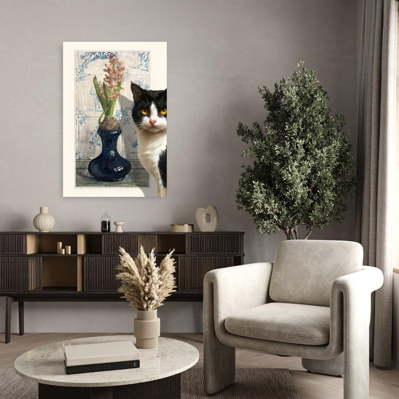 Chats et art, art contemporain, chat, jacinthe, fleur, art mural, H 36 po x l 24 po