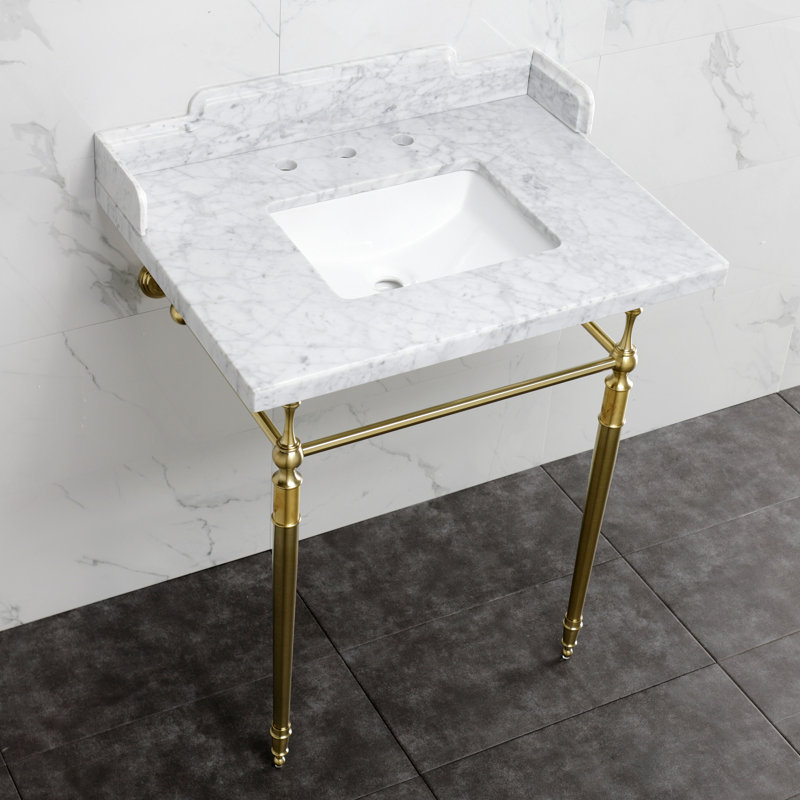 Kingston Brass Habsburg 30-Inch Carrara Marble Console Sink with Brass Legs (8-Inch, 3-Hole), Marble White/Brushed Brass