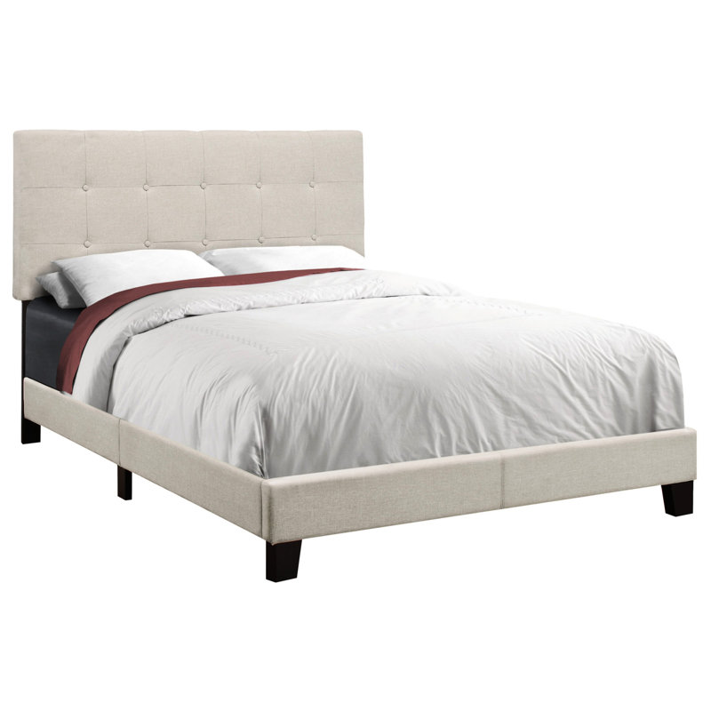 Lit double rembourré en lin beige avec pieds noirs sécurisés