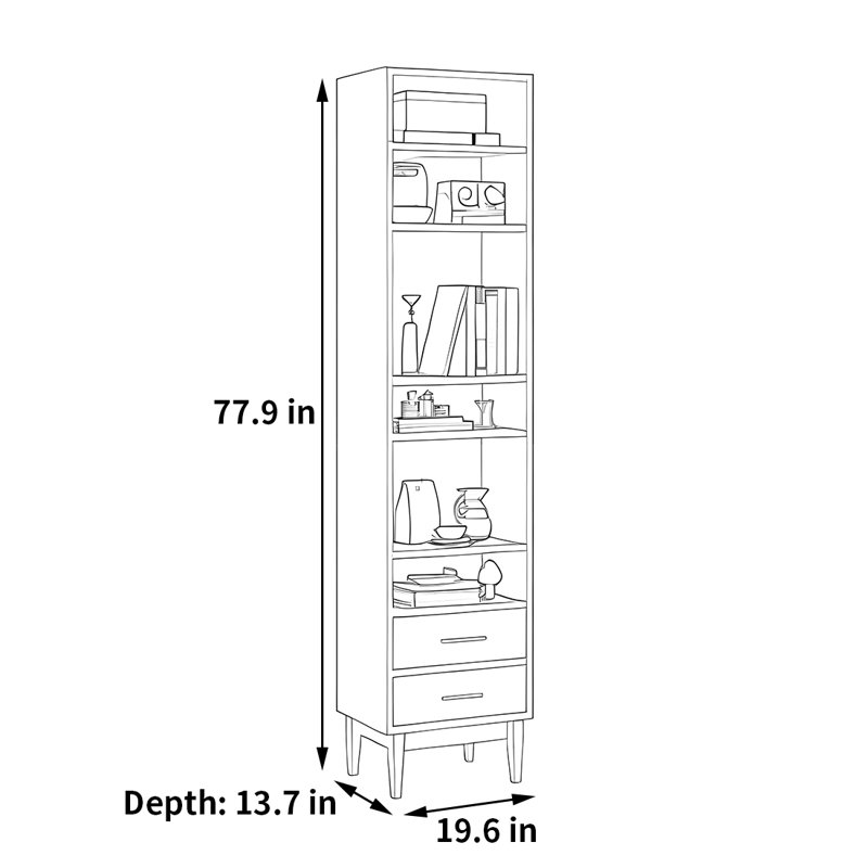 Modern, simple and fashionable bookcase, (6 Shelves) 77.9"H x 19.6"W13.7"D, Dark Brown