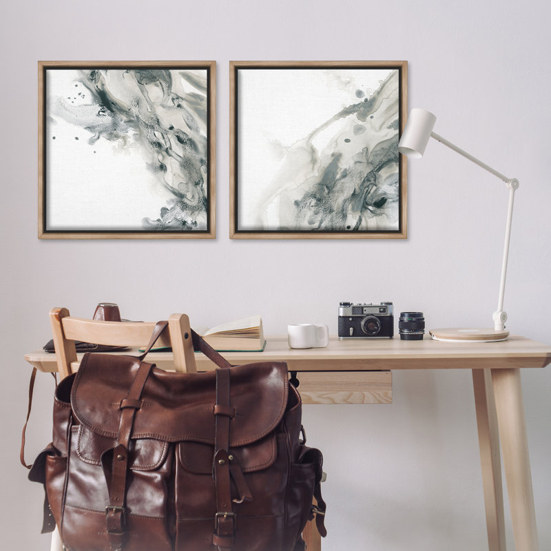 Abstract Monochromatic Liquid  2 PC Framed Floater Canvas Set by June Erica Vess, Montalcino Elm Floater Frame, 25" H x 25" W