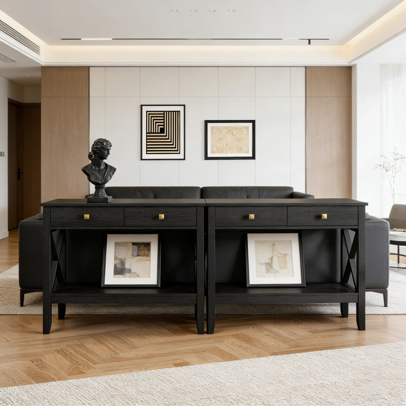 Console étroite avec 2 tiroirs et une étagère de rangement, une table de canapé ou une table d'entrée pour le couloir, table d'appoint de style maison de campagne avec design en X