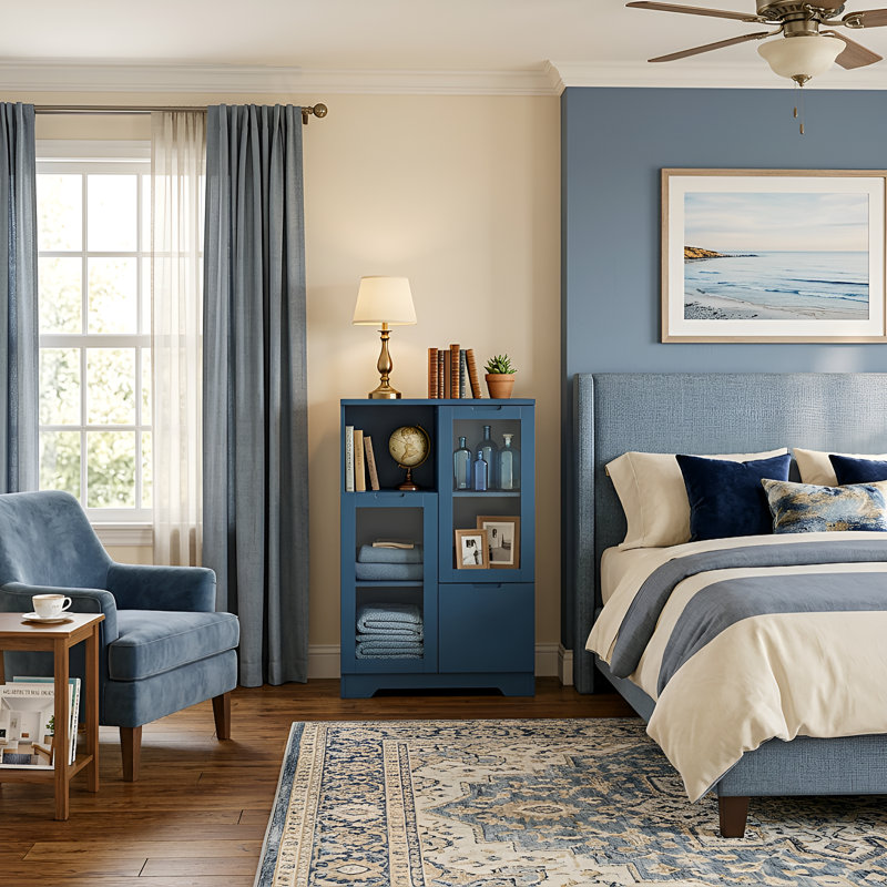 Cameron 2-door Navy Blue Modern Storage Cabinet With Glass Doors & Drawer, Adjustable Shelves, For Living Room, Bedroom, Entryway, Dining Room, Condo Or Office
