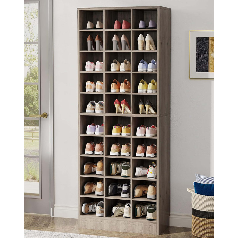 10-Tier Wooden Tresa Cabinet With 30 Cubbies For High-Capacity, Space-Saving Organization., Gray
