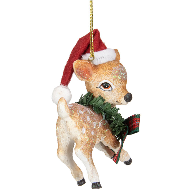 Ornement de Noël 3 "fauve avec chapeau de père Noël et nœud écossais
