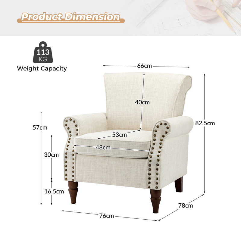Zellig Traditional Wooden Upholstered Accent Chair, Ivory