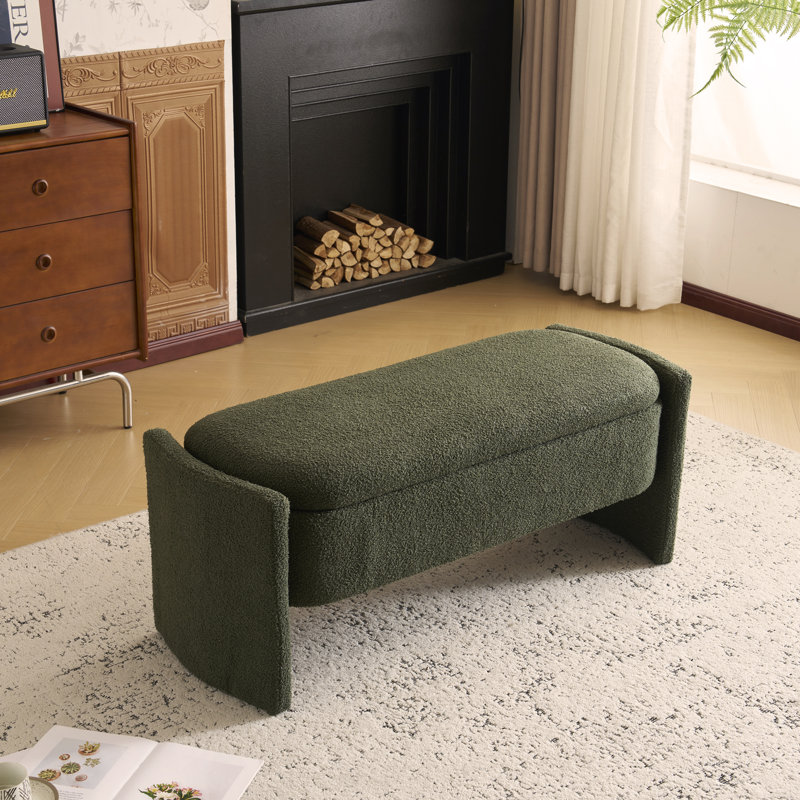 Elegant Dark Green Boucle Long Storage Ottoman Bench