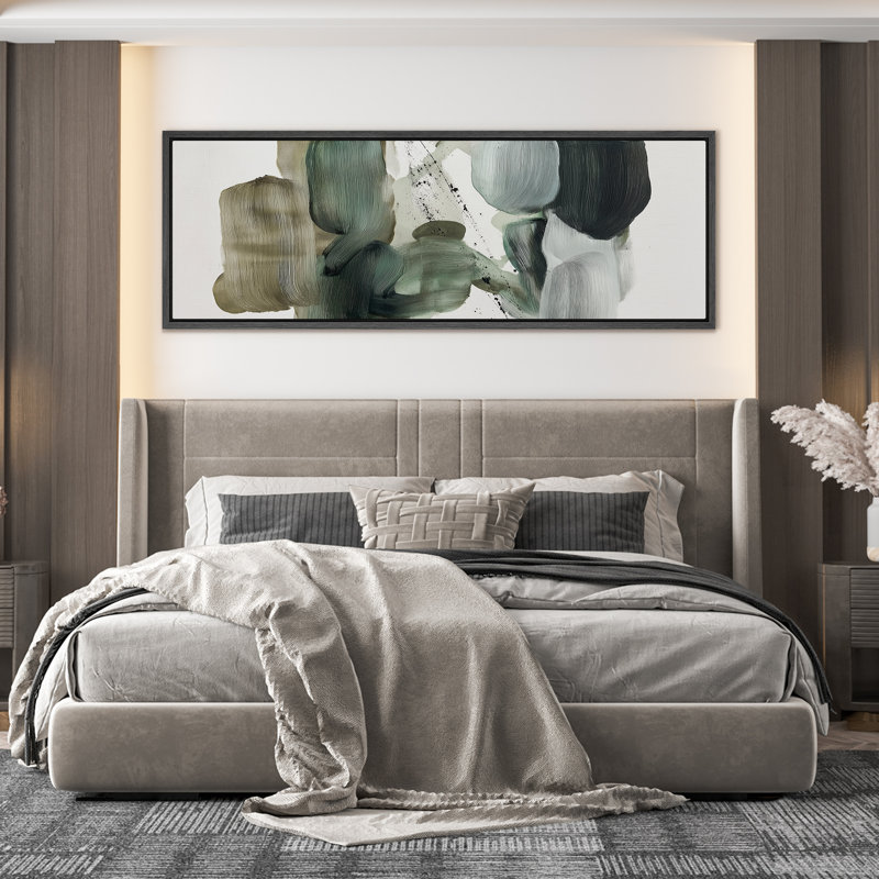 Composition moderne d'un coup de pinceau vert dans un style minimaliste contemporain - grande impression sur toile encadrée de la chambre principale