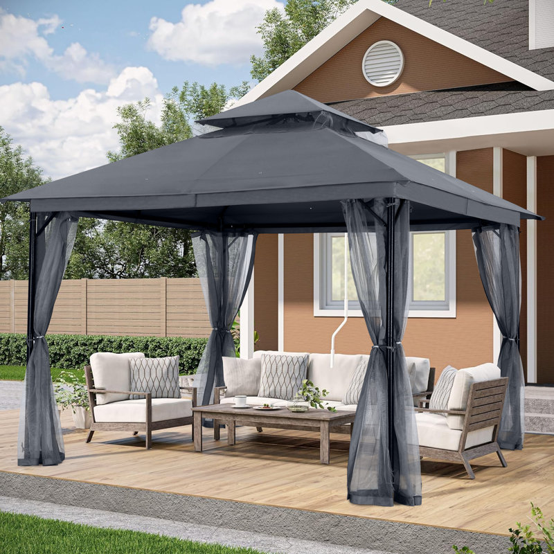 11 pi. L 11 pi. D Pavillon de jardin en acier au toit souple, Gris