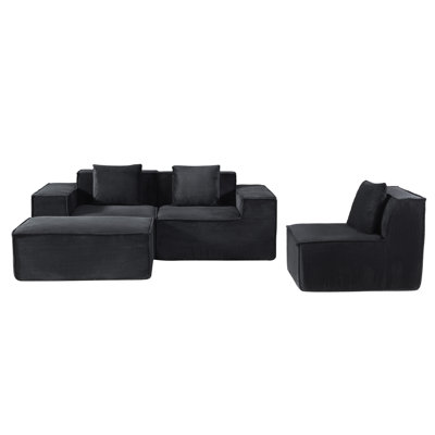 Cozyform Convertible Corduroy Sectional Couch With Ottoman & Pillows, Modular L Shaped Sleeper Sofa, Boneless Cloud Couch For Living Room Furniture by Rosdorf Park