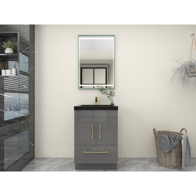 Ensemble de meuble-lavabo simple 24 po Camodeca, Gris à haute brillance, Or mat