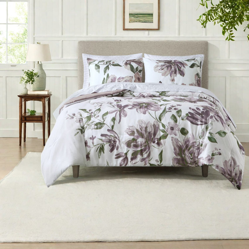 Chic Floral Bedding Set, Soft Polyester Microfiber, Modern Mauve Design